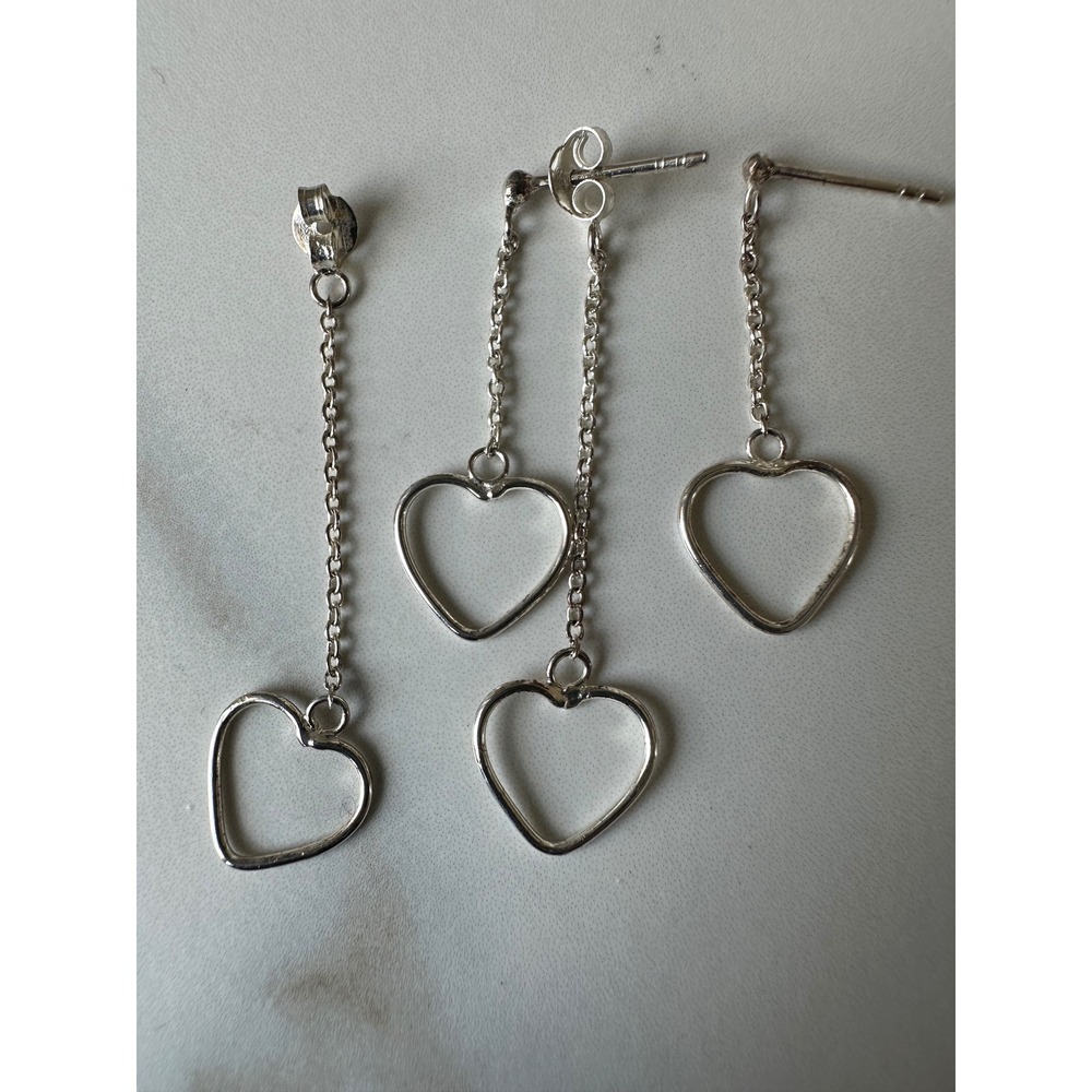 Sterling Silver 925 Open Heart Dangle Drop Chain Earrings Silver Heart Jewelry